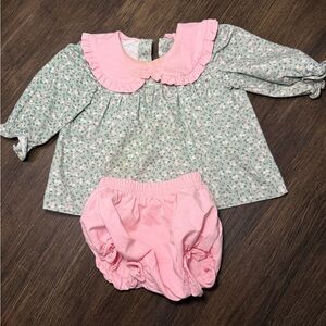 Stitchy Fish Floral Baby Outfit with Pink Collar and Bloomers